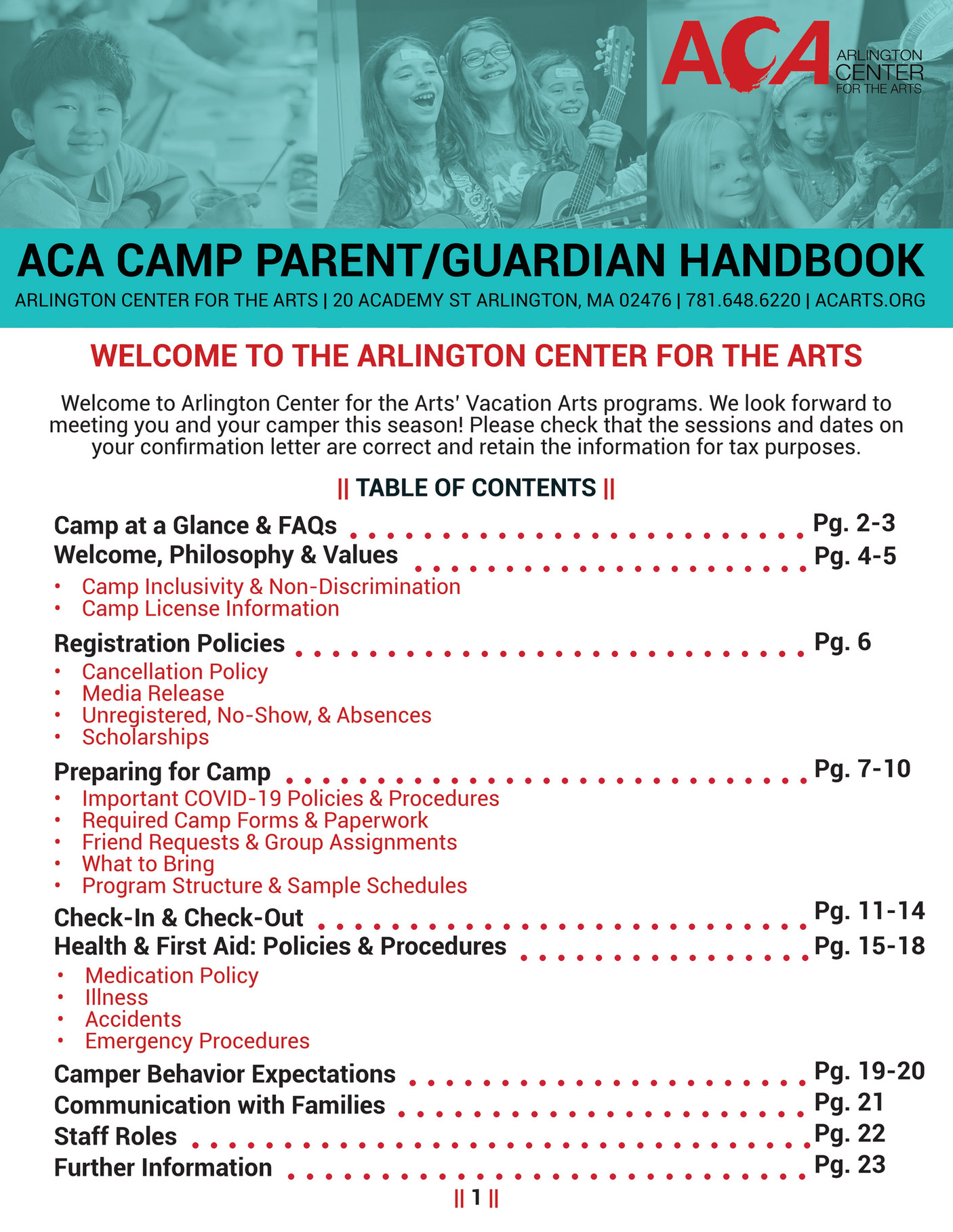 Arlington Center for the Arts ACA Camp Parent Handbook 2024 Page 1