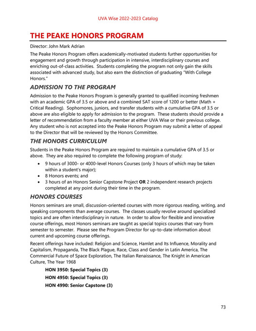Honors Course Rigor University of Virginia's College at Wise - College Catalog 2022-2023 ...