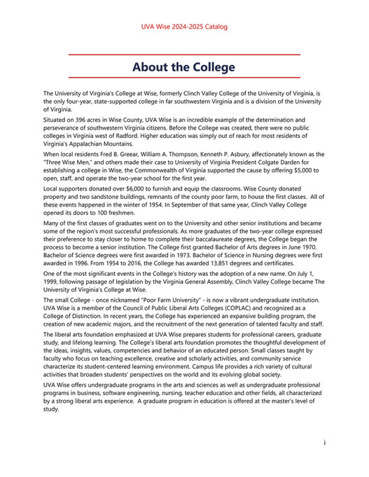 University of Virginia's College at Wise Graduate Catalog 20242025