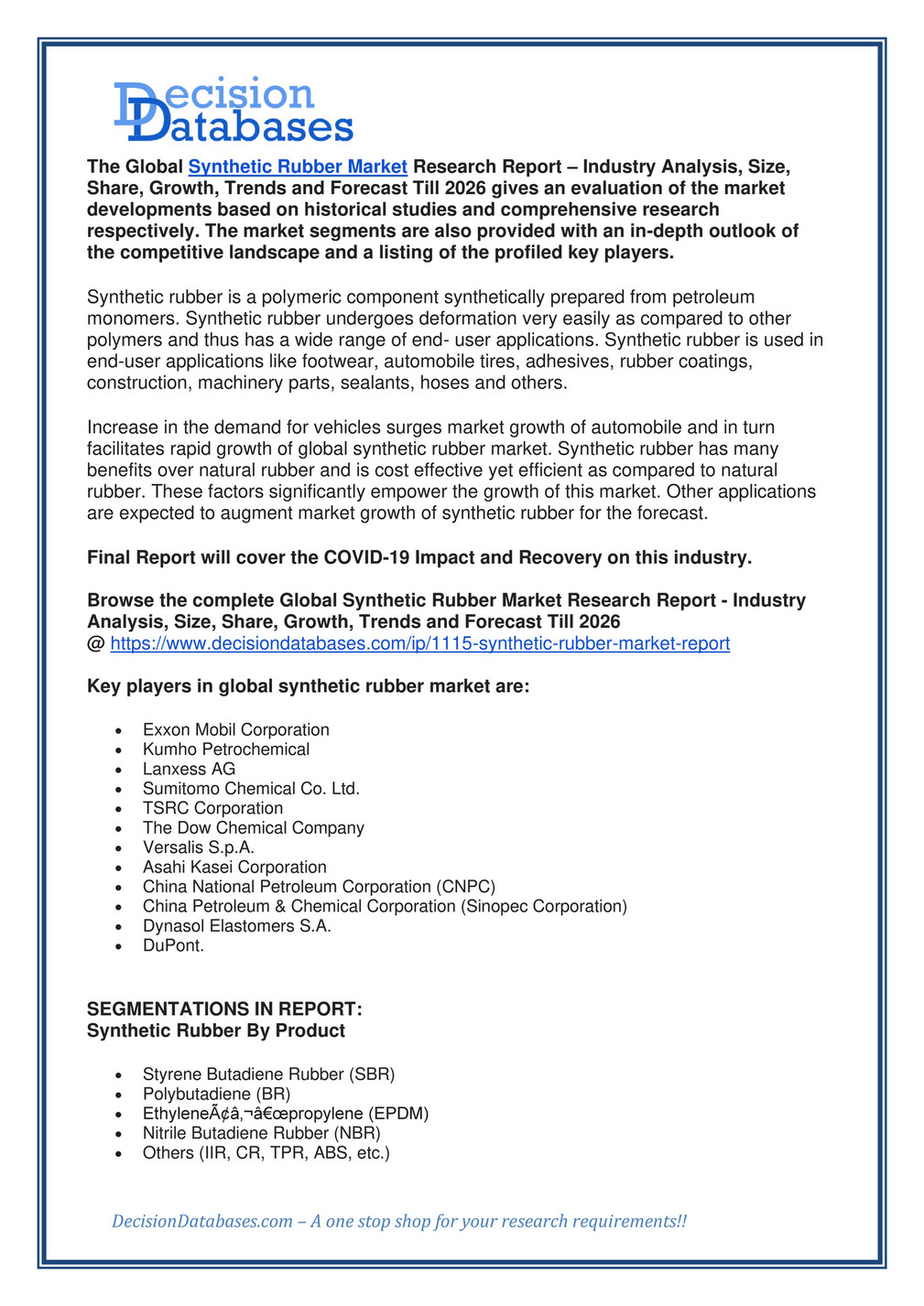 Global Synthetic Rubber Market Report Till 26 Industry Analysis And Forecast Page 1