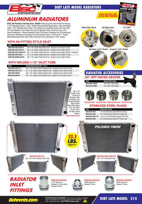 Bottom Inlet Radiators Behrent's Performance Warehouse Master Parts Catalog 2024 - Page 212-213