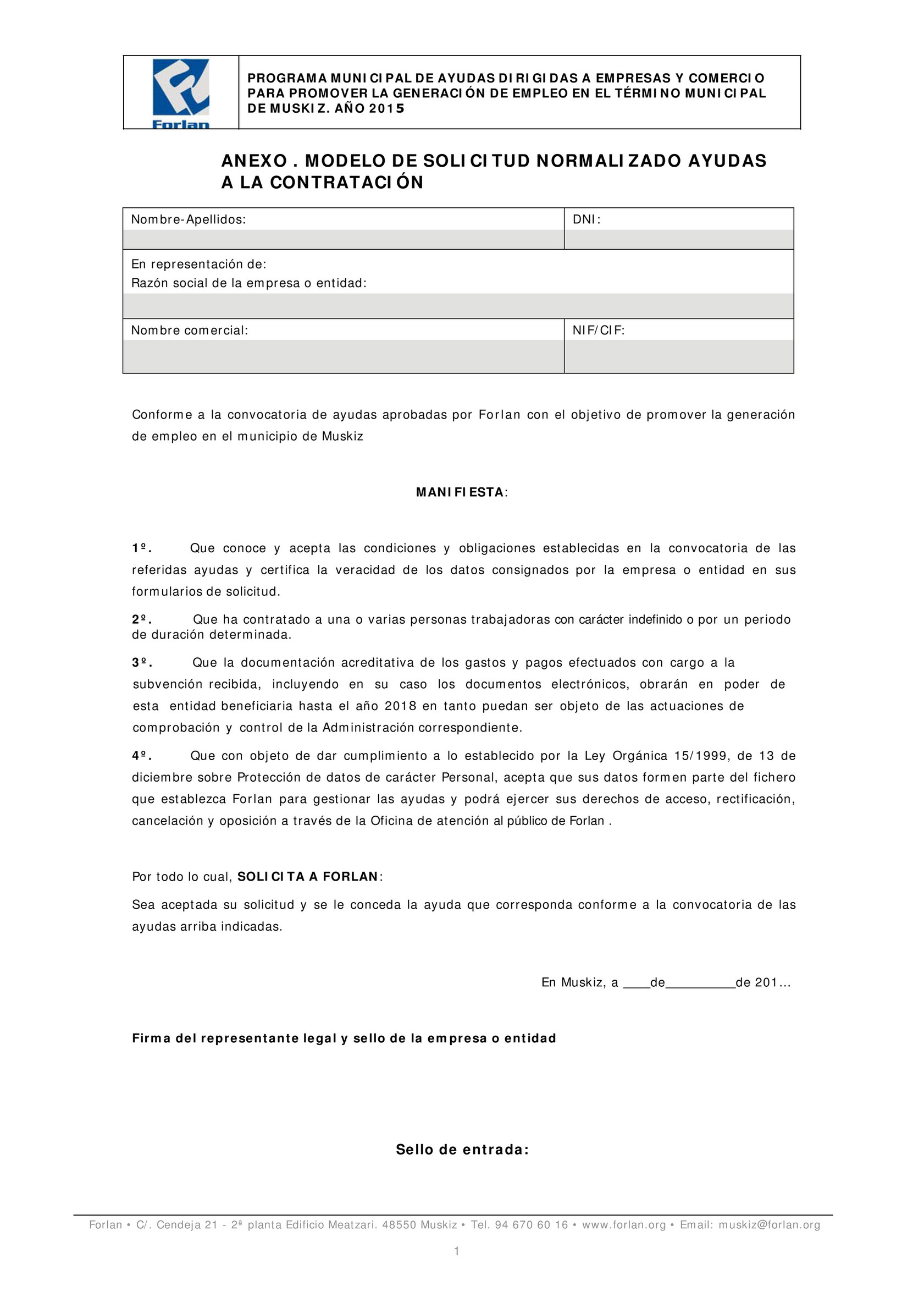 Forlan - Plan dinamización Muskiz Modelo de Solicitud de Ayuda a Empresas y  Comercio para contratación - 2015 - Página 1 - Created with 