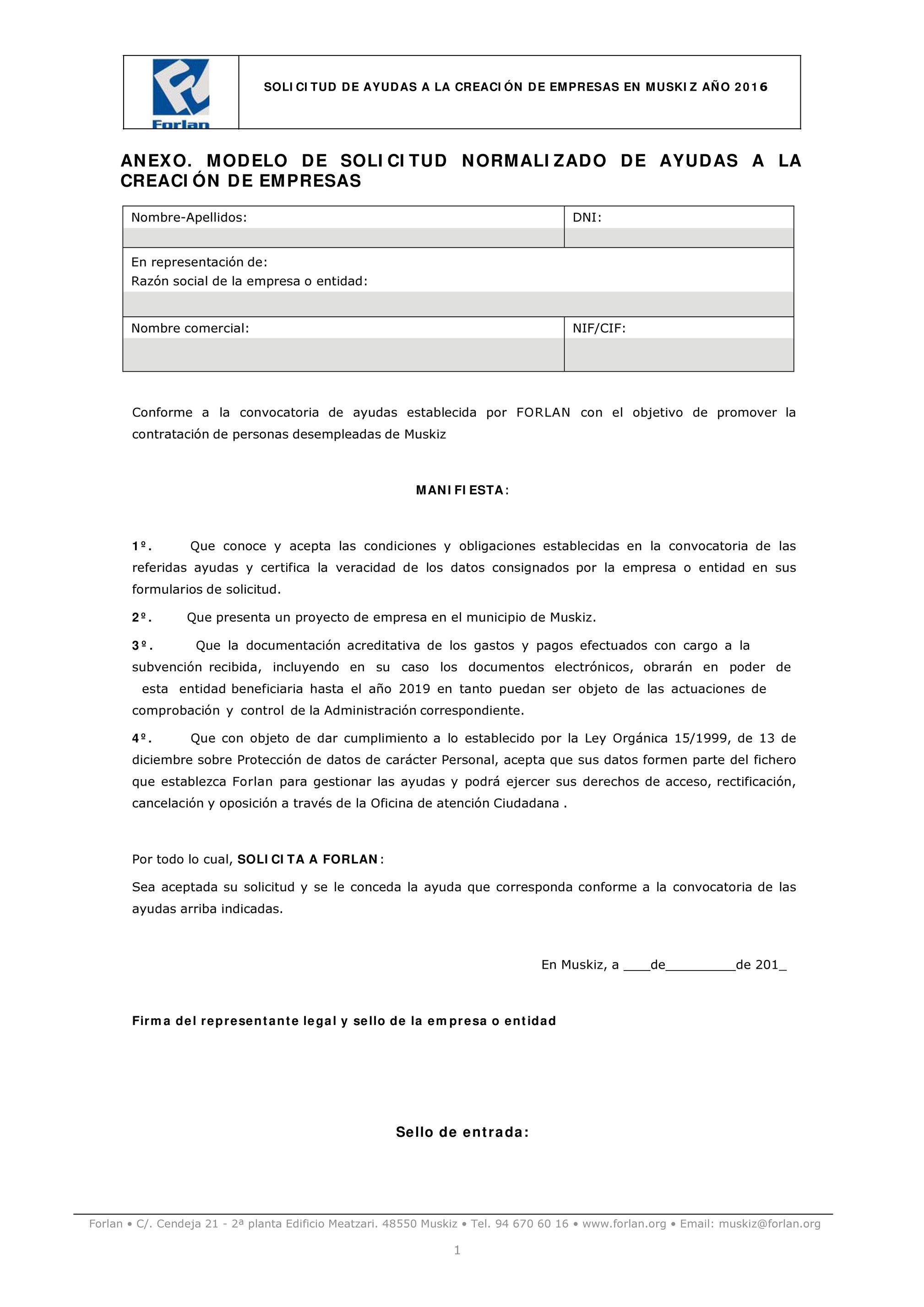 Forlan - Plan dinamización Muskiz Modelo de Solicitud de Ayudas para  creación de Empresas - 2016 - Página 1 - Created with 