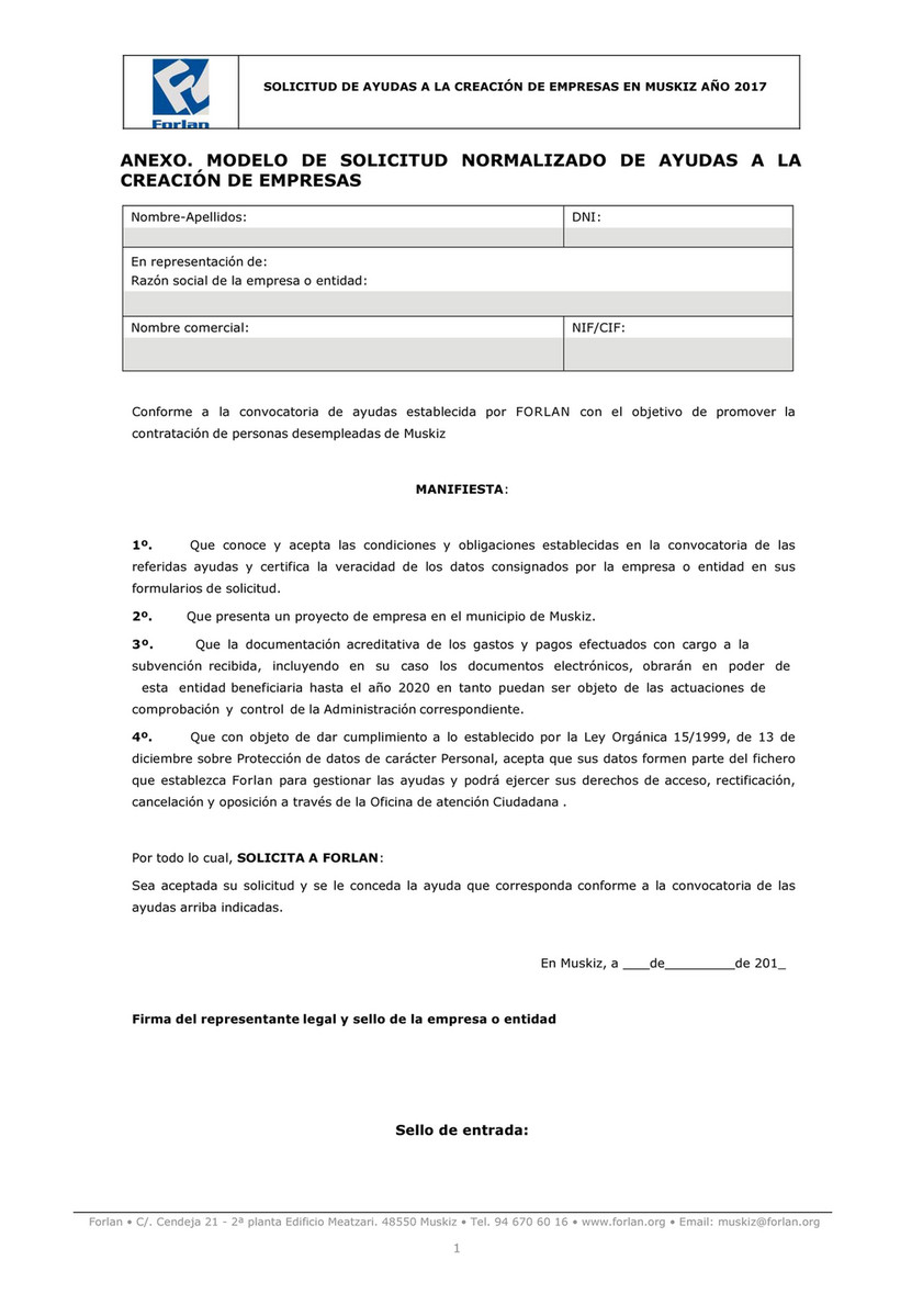 Forlan - Plan Dinamización Muskiz - Modelo Solicitud de Ayudas para  Creación de Empresas - 2017 - Página 1 - Created with 
