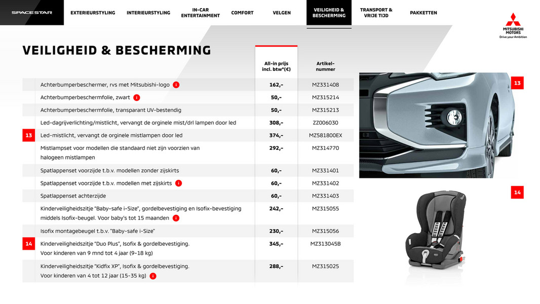 Mitsubishi Motors Space Star Accessoires Prijslijst Pagina