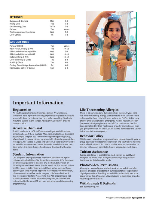 Arlington Community Education ACE Kids Spring 2025 Youth Catalog