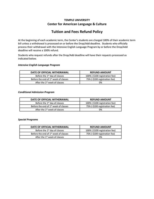 Temple University REFUND POLICY Page 1