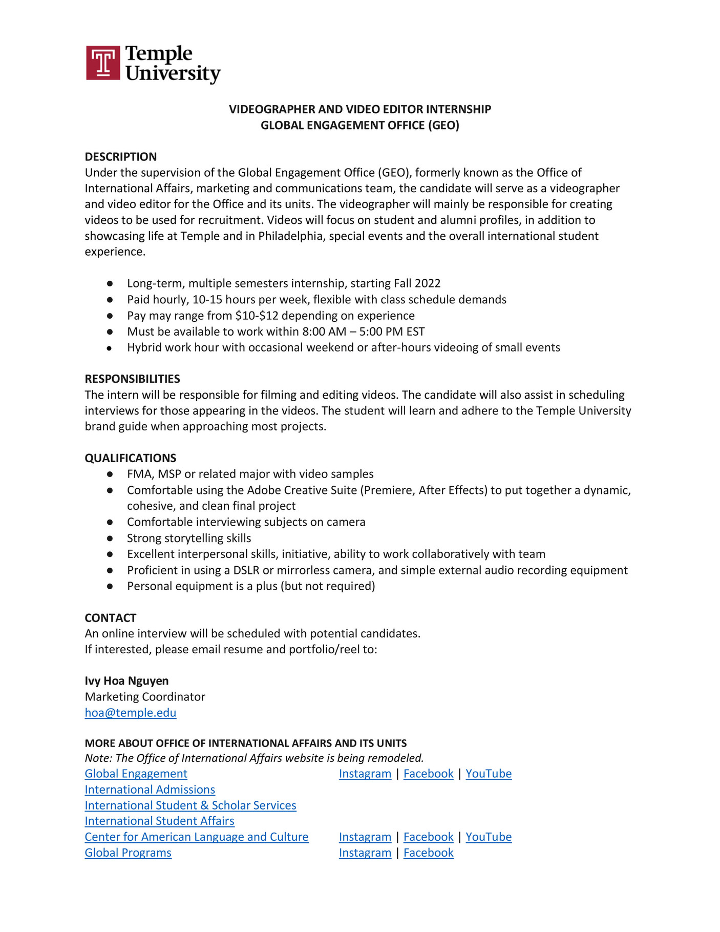 Temple University Videographer and Video Editor Internship Page 1