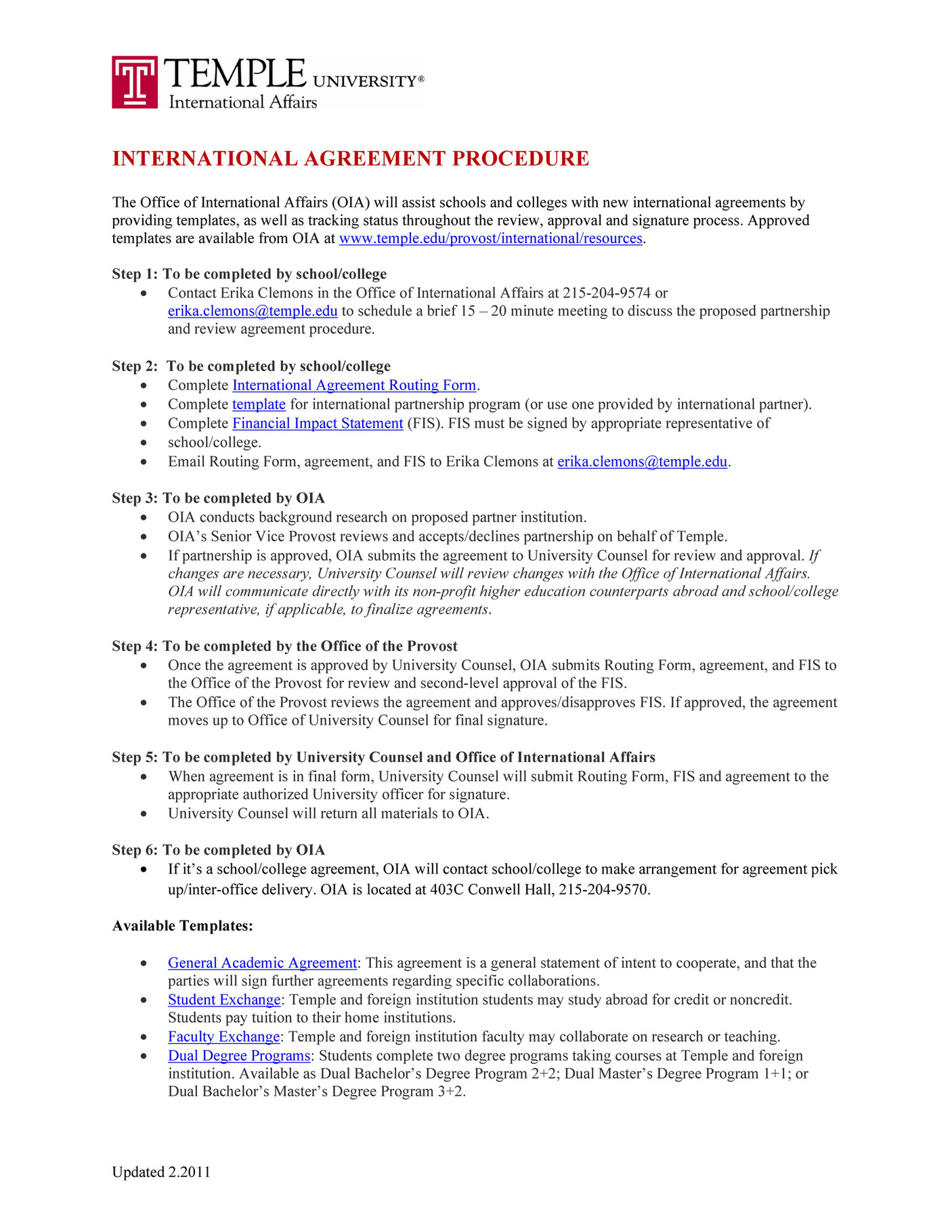 Temple University InternationalAgreementRoutingProcedure Page 1