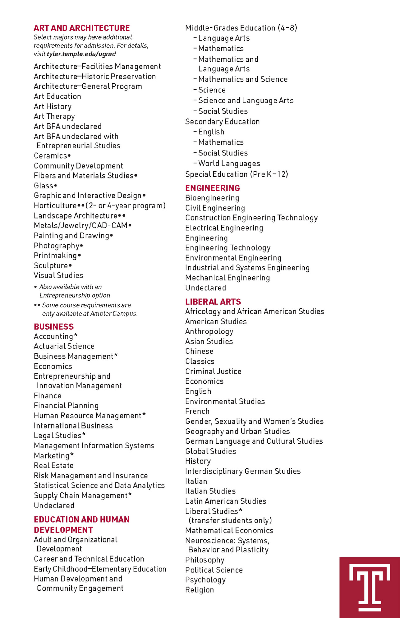 Temple University Temple University Undergraduate Majors Page 1