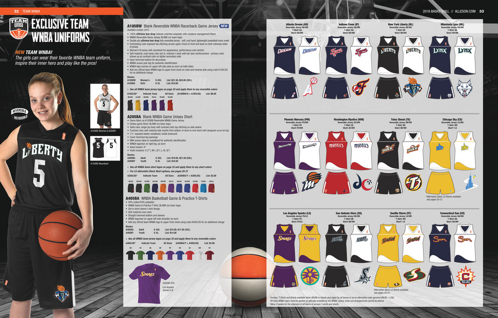 Alleson WNBA Logo Reversible Youth/Women's Basketball Uniform