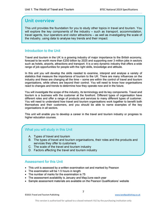 Travel & Tourism Publishing - BTEC Travel and Tourism 2019 Unit 1 The ...