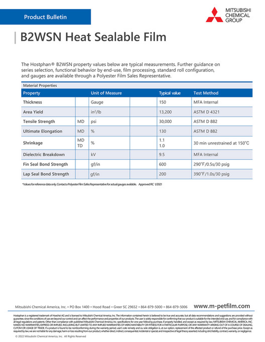 Hostaphan Rools Mitsubishi Chemical America - MFA_TDS_B2WSN - Page 1