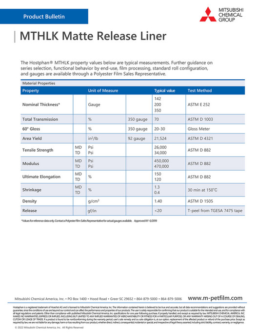 Hostaphan Rools Mitsubishi Chemical America - MFA_TDS_MTHLK - Page 1