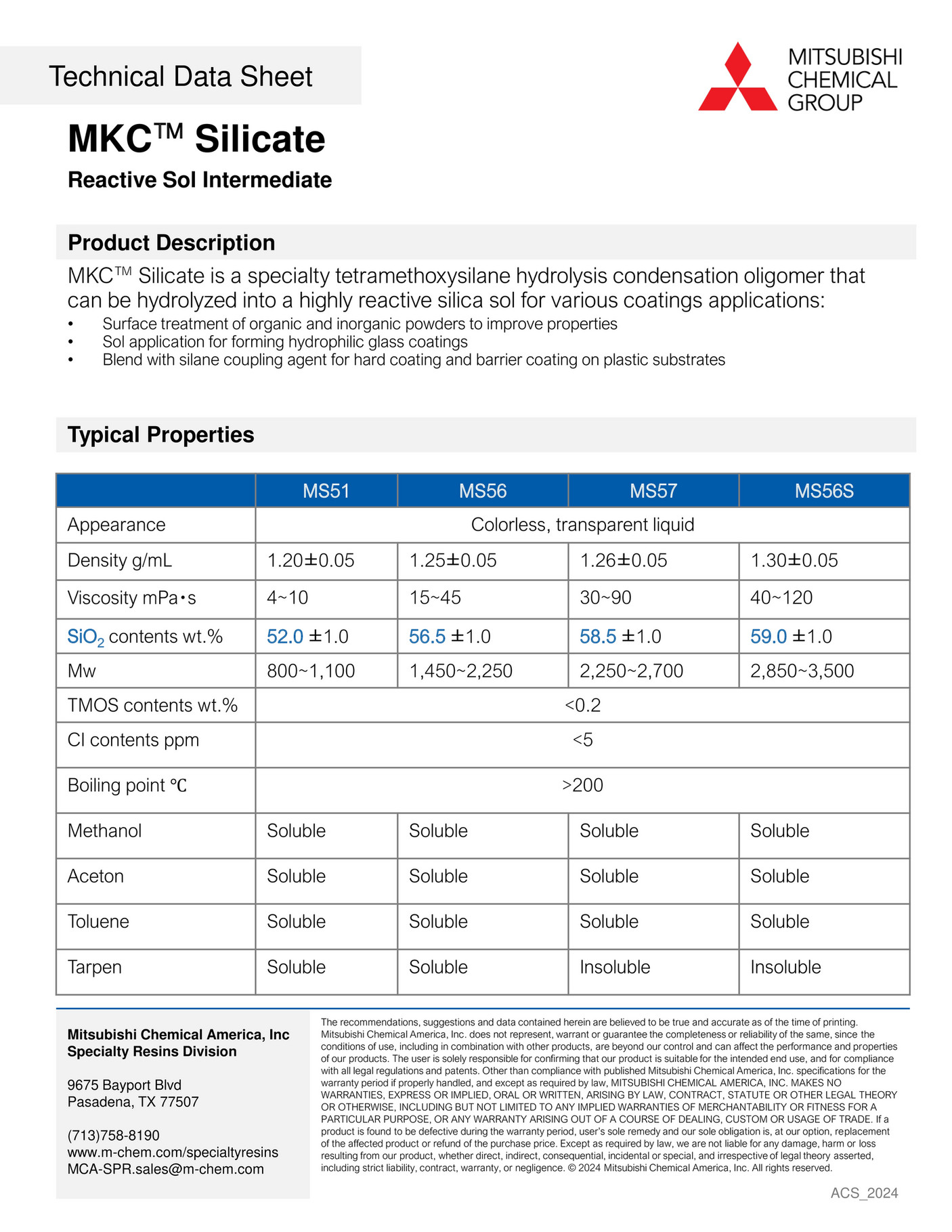 Mitsubishi Chemical America - MKC Silicate_Reactive Sol_TDS - Page 1