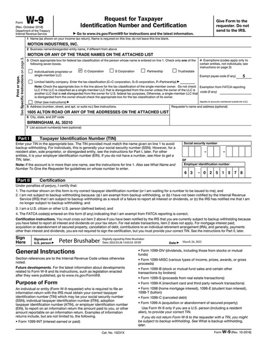 Motion Ai - W-9 Form - Motion Industries - Signed 032622 - Page 1