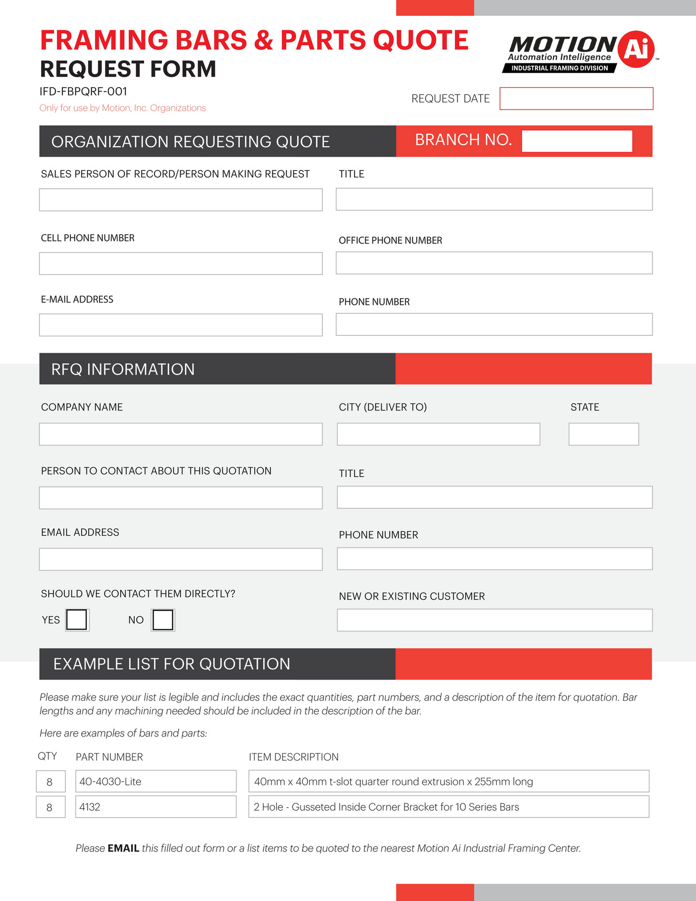 Motion Ai - Framing Bars & Parts Quote Request Form - Page 1