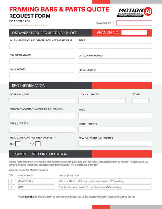 Motion Ai - Framing Bars & Parts Quote Request Form - Page 1