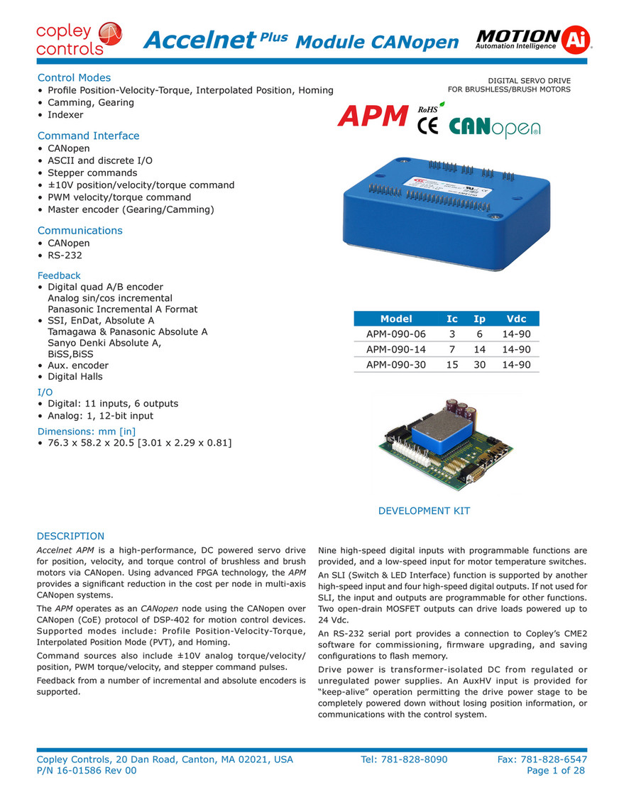 Motion Ai Accelnet Plus Module CANopen APM Datasheet Copley