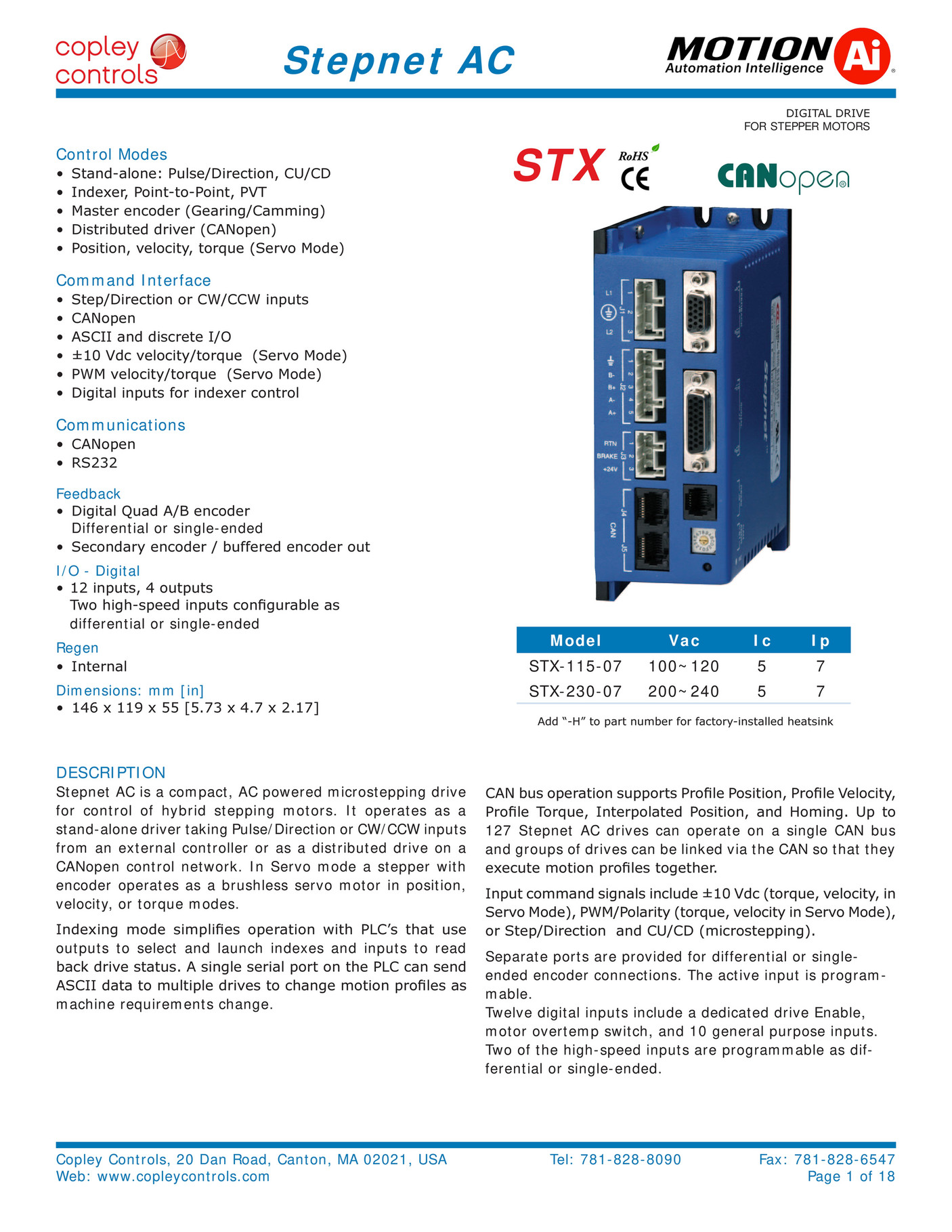 Motion Ai Stepnet Panel AC CANopen STX Datasheet Copley Controls Page 1