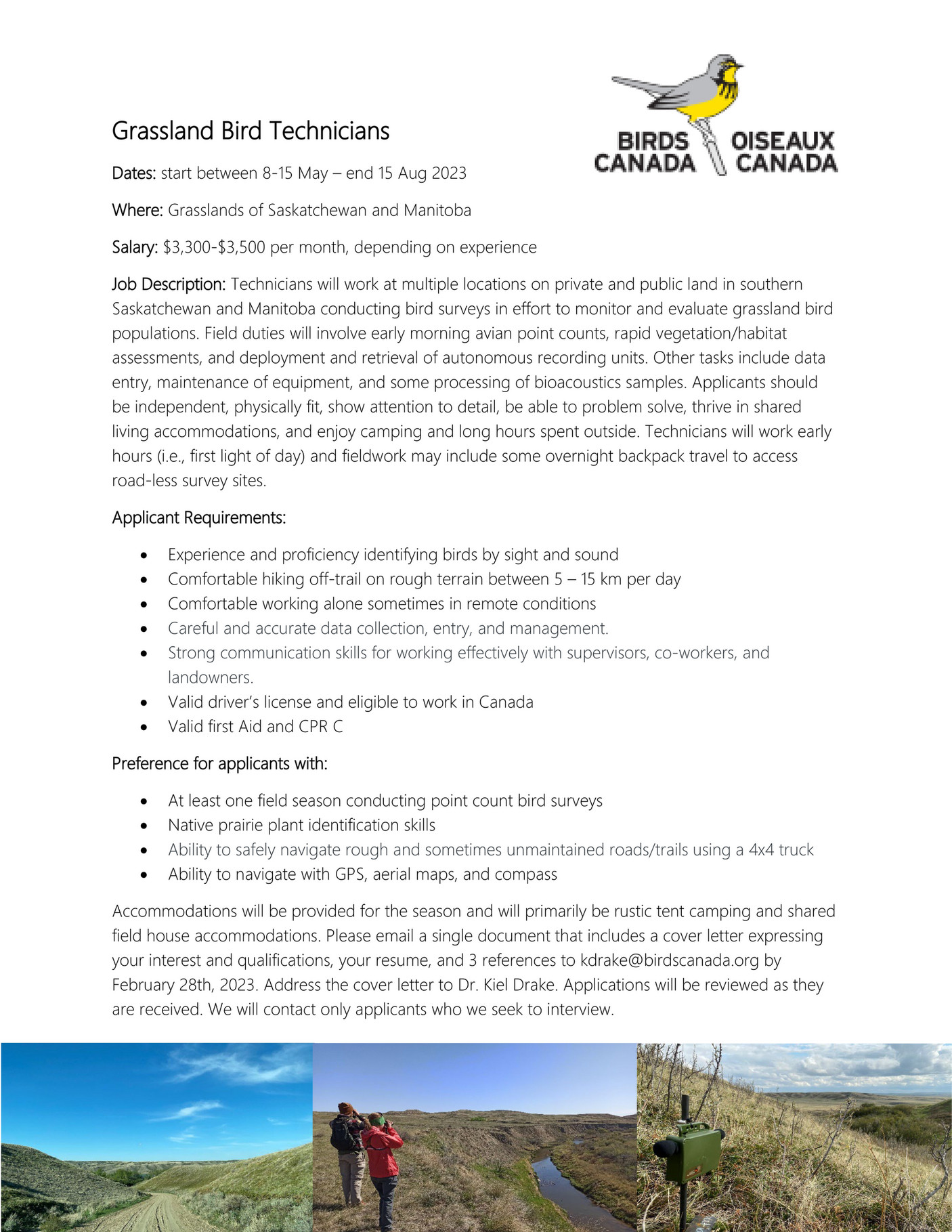 Birds Canada Grassland Bird Technician job ad 2023 Page 1