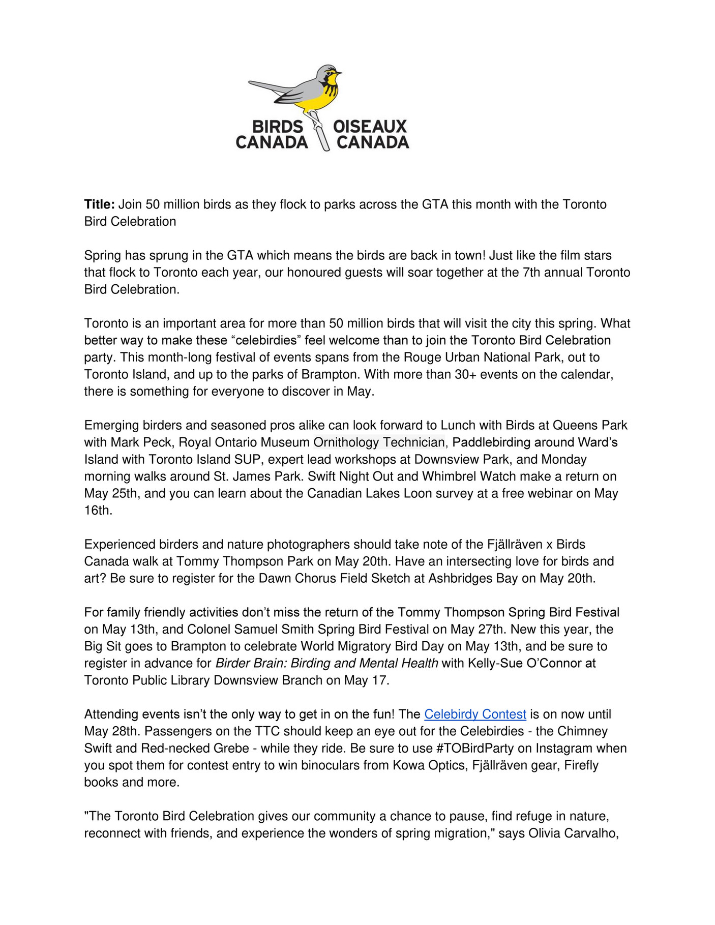 Birds Canada - Birds Canada - TBC - Media release - FINAL EN - Page 1