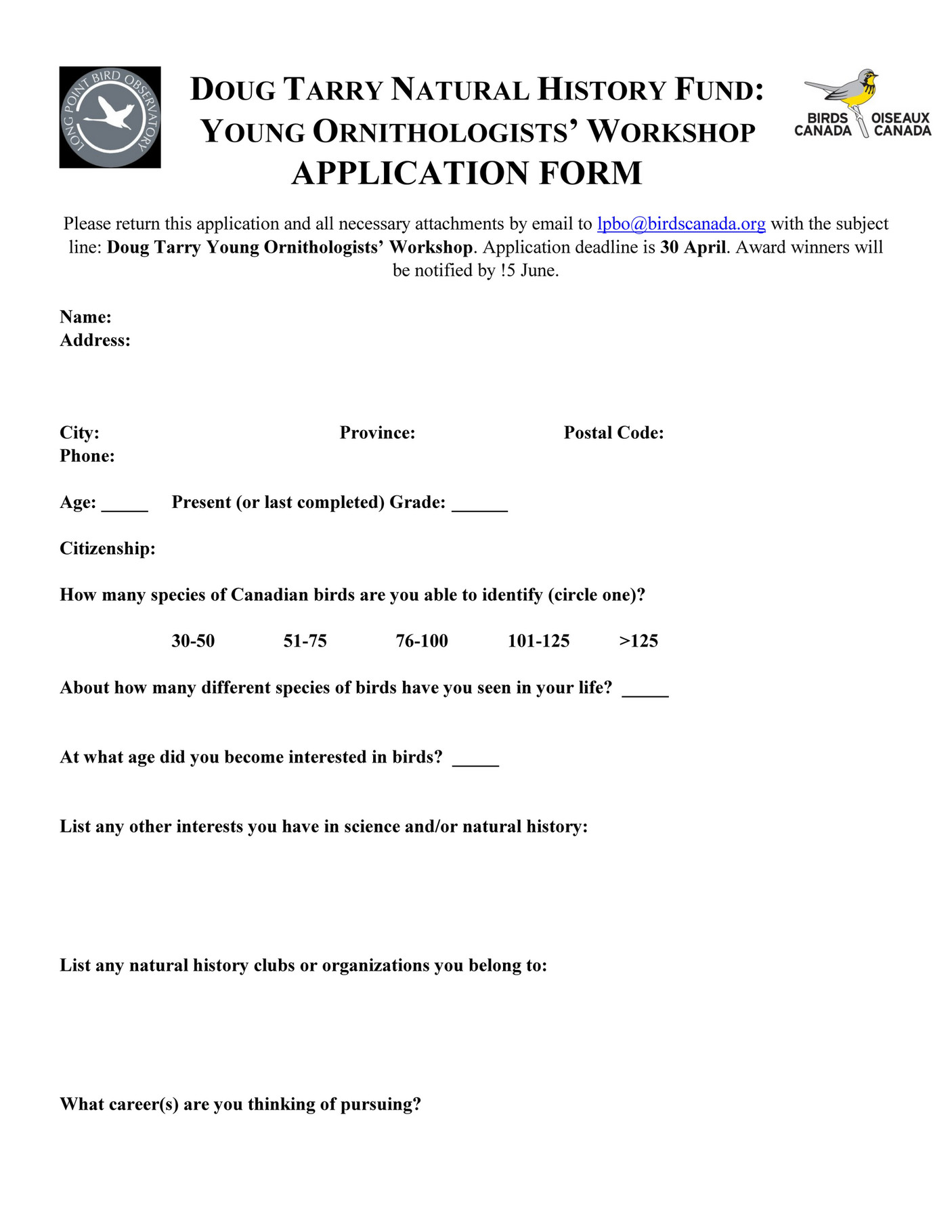Birds Canada YOW Application Form 2024 Page 1