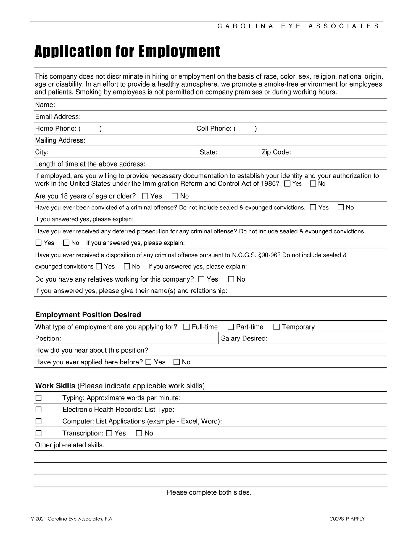 Carolina Eye Associates - Employment Application - Page 2