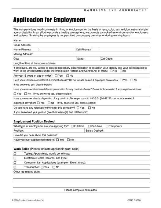 Carolina Eye Associates - Employment Application - Page 1