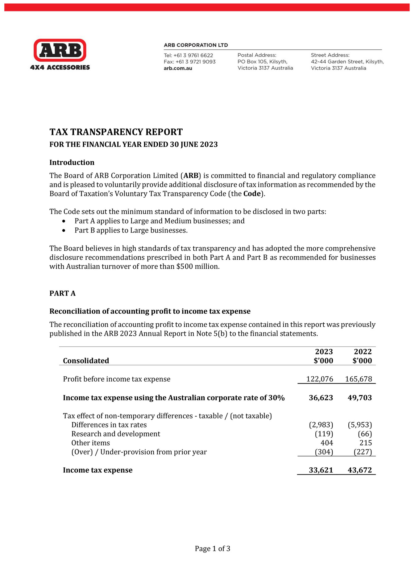 ARB 4x4 Accessories Tax Transparency Report FY2023 Page 1