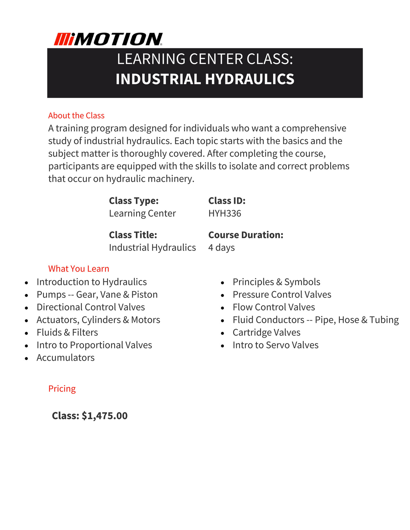 Motion L&D Hydraulics Campaign Info Sheet Page 1