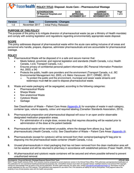 CASCADES Fraser Health Disposal Acute Care Rx Waste Clinical Policy cascades-fraser-health-disposal-acute-care-rx-waste-clinical-policy