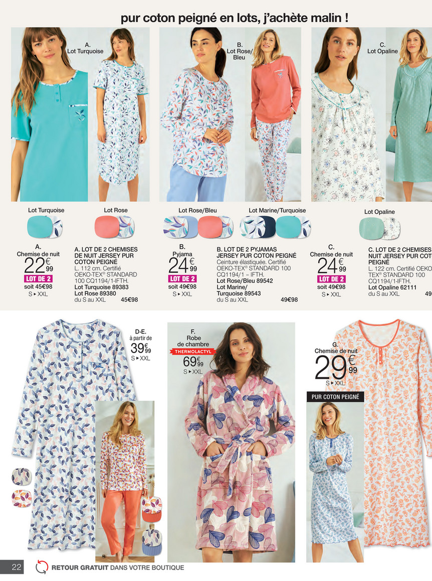 Lot De 2 Chemises De Nuit Femme En Pur Coton Peigné - Damart - Modèles Fleuri Et à Pois