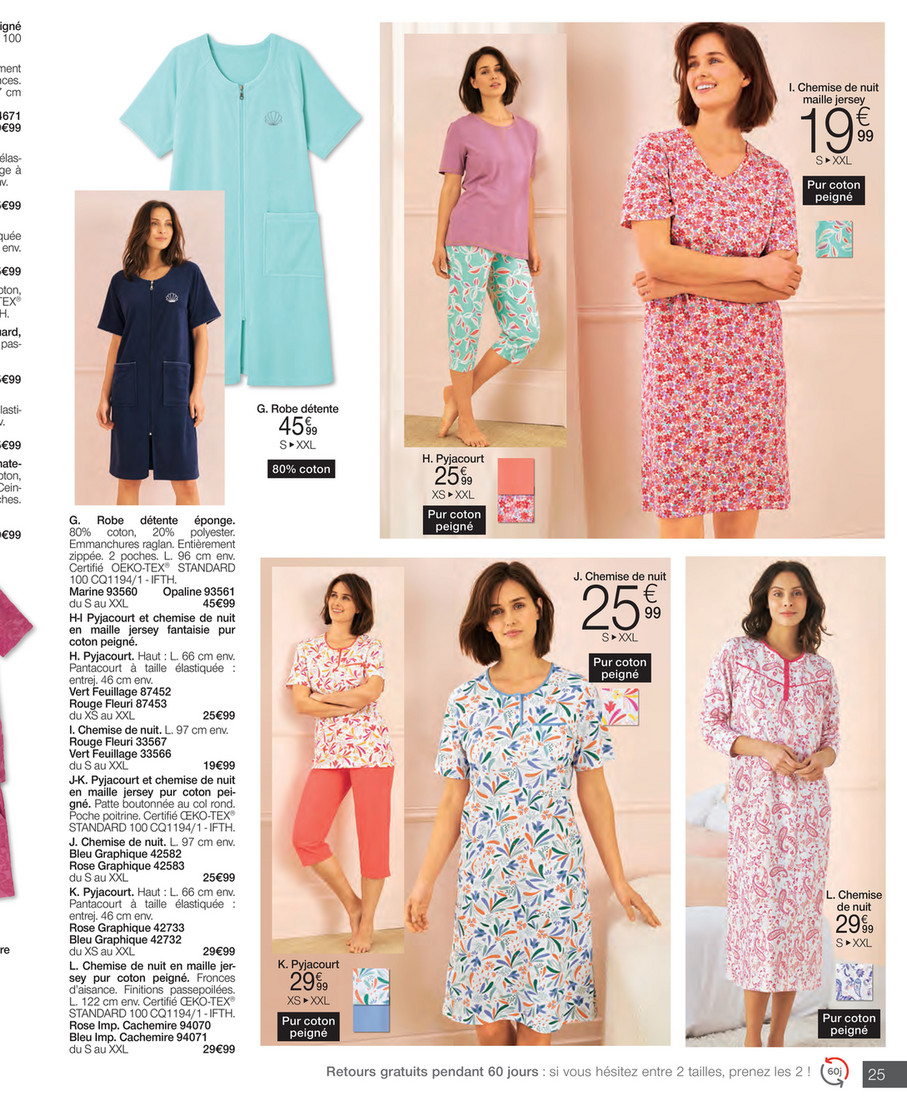 Lot De 2 Pyjamas Femme - 100% Coton Peigné, Confortable Et Doux