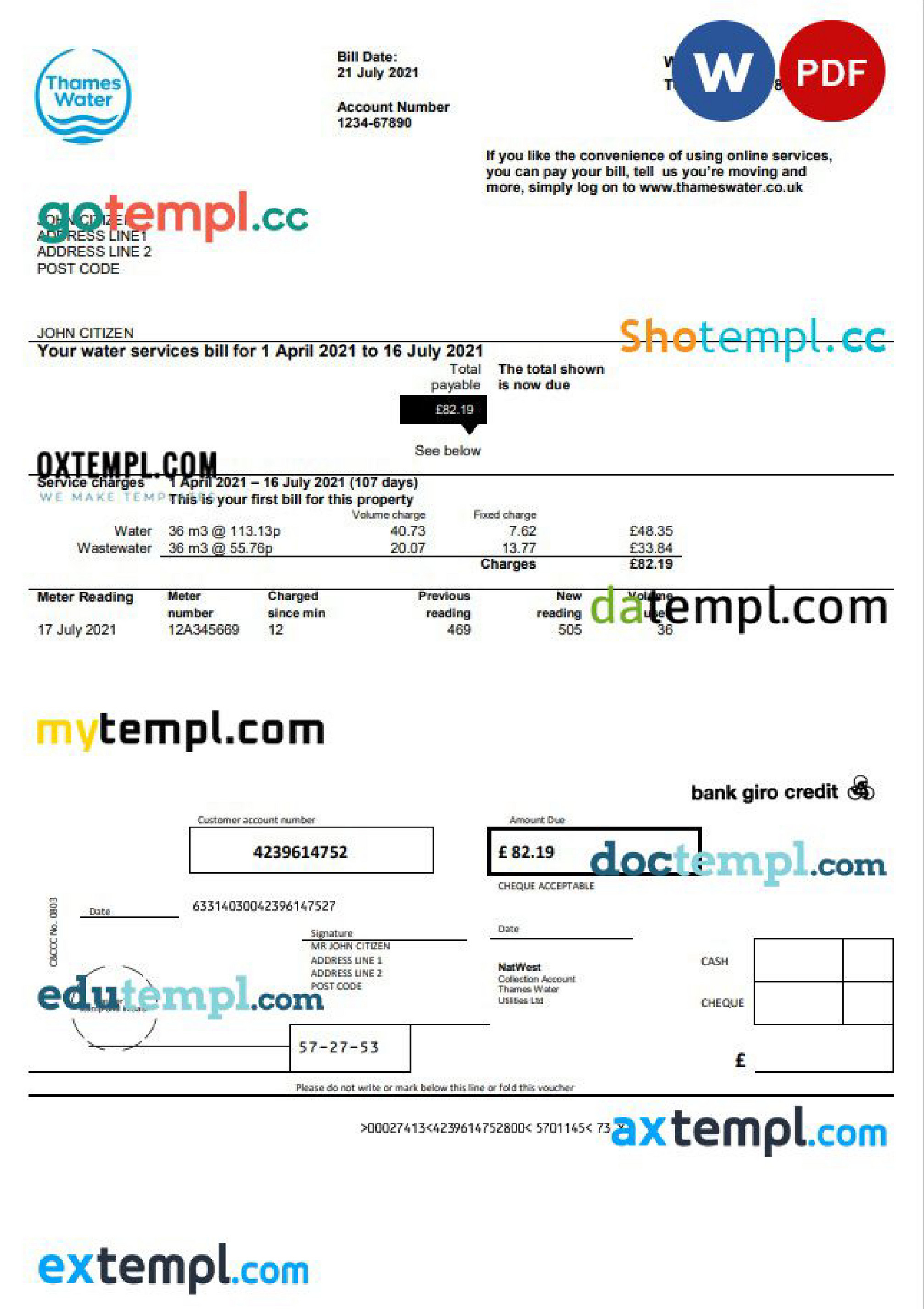 Doctempl United Kingdom Thames Water utility bill template in
