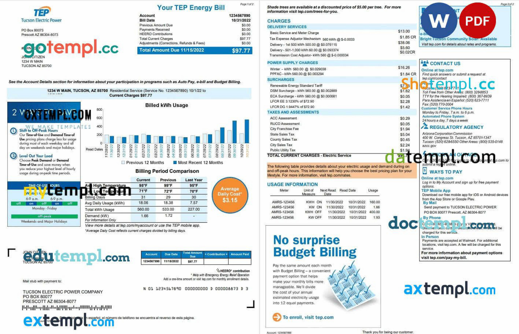 Doctempl USA Arizona Tucson Electric Power (TEP) utility bill, Word and PDF template, 2 pages