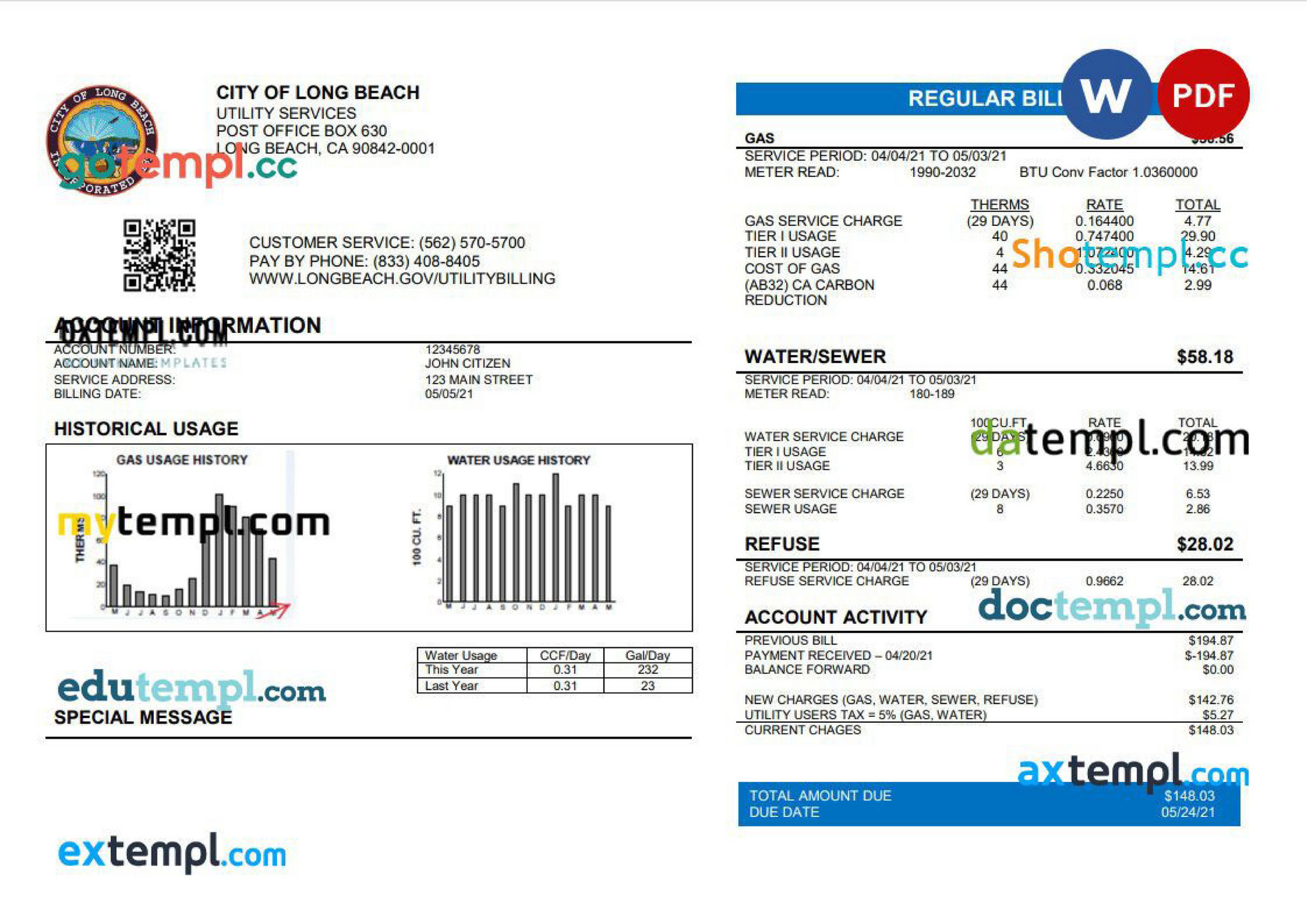 Doctempl USA City of Long Beach utility bill template in Word and PDF