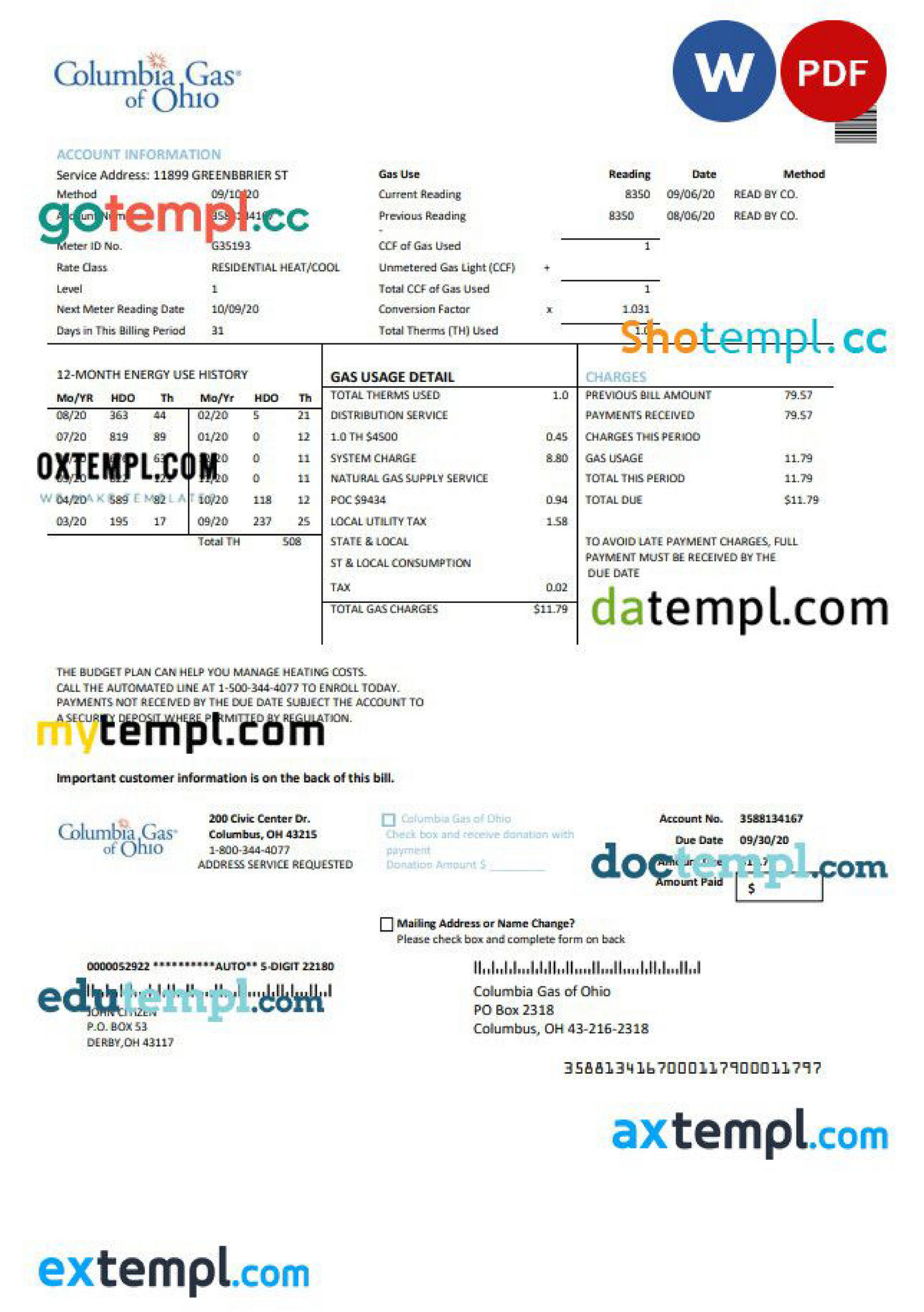 Doctempl USA Columbia Gas of Ohio utility bill template in Word and PDF format Page 1