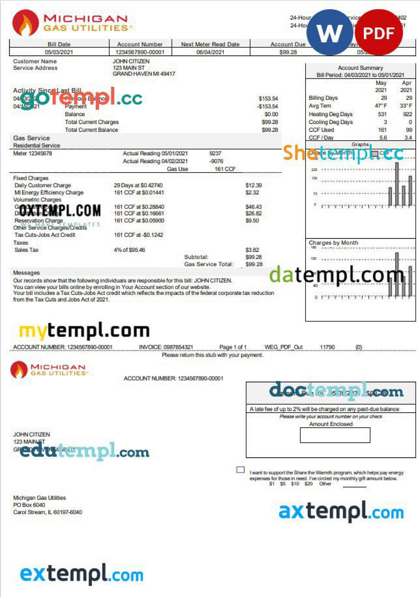 Doctempl USA Michigan Gas Utilities Utility Bill Template In Word And PDF Format Version 2