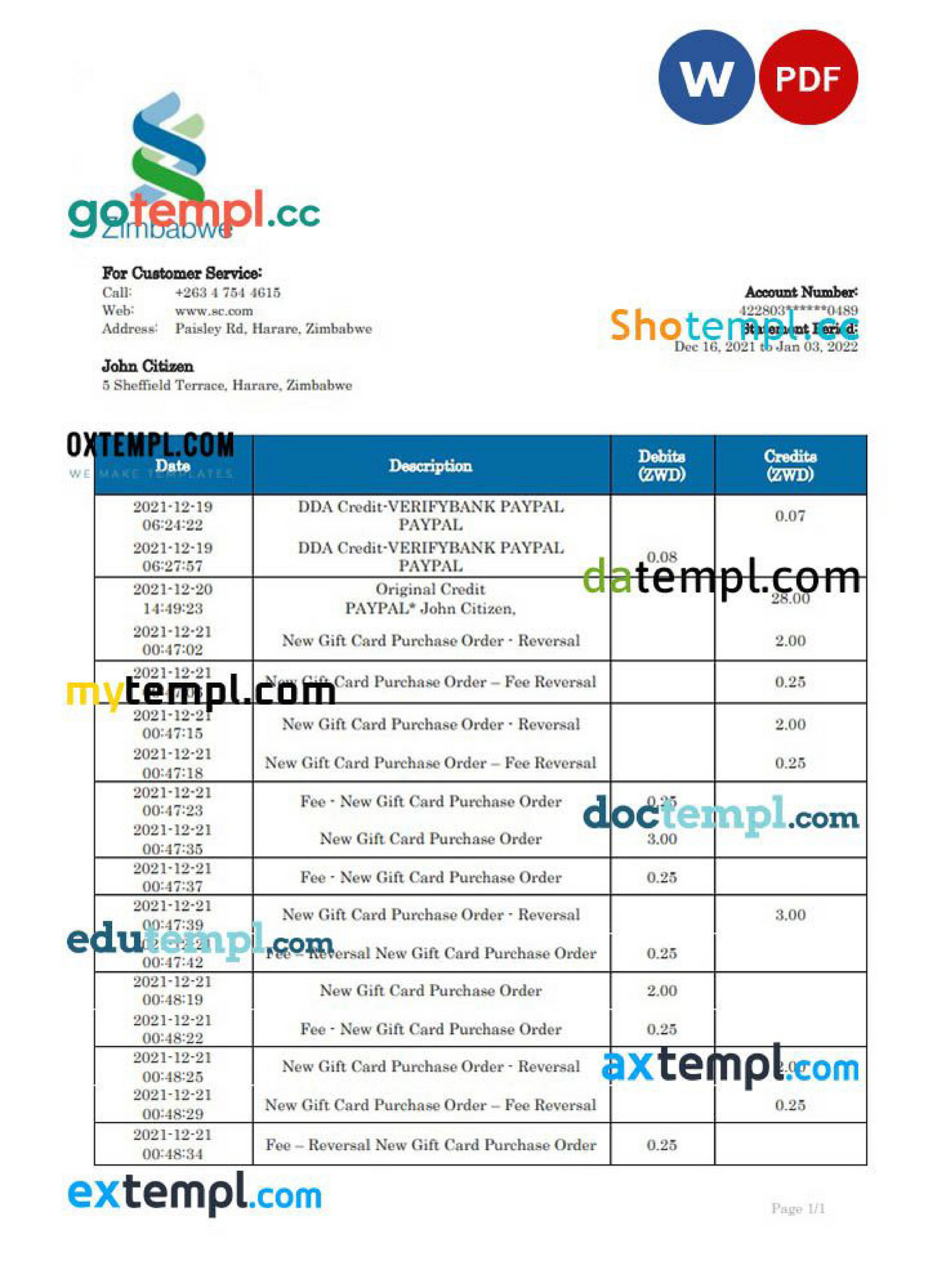 Doctempl - Zimbabwe Standard Chartered banking statement template in ...