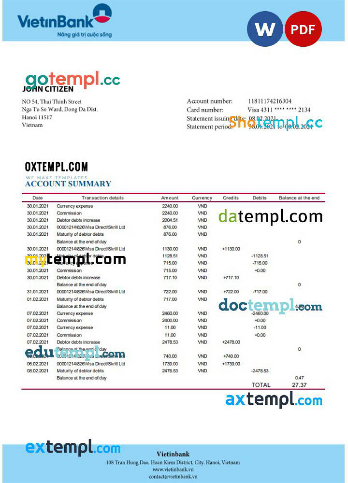 Doctempl - Vietnam Vietinbank bank proof of address statement template ...