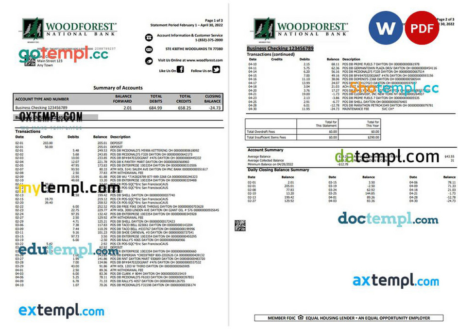 Doctempl USA Woodforest Banking Statement Word And PDF Template 3 Pages Page 1