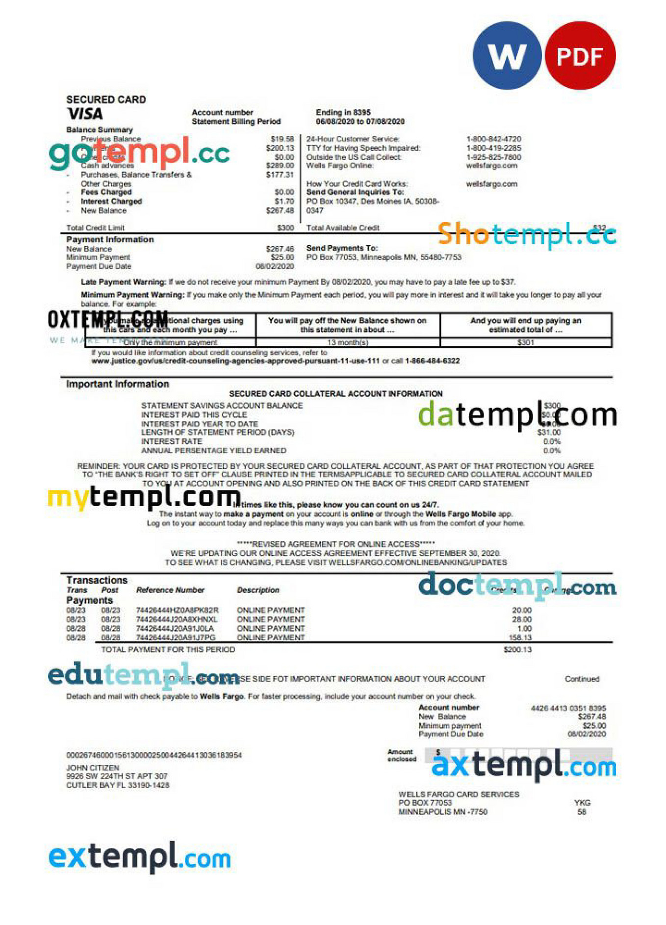 Doctempl Usa Wells Fargo Bank Credit Card Statement Template In Word And Pdf Format Page 1 8491