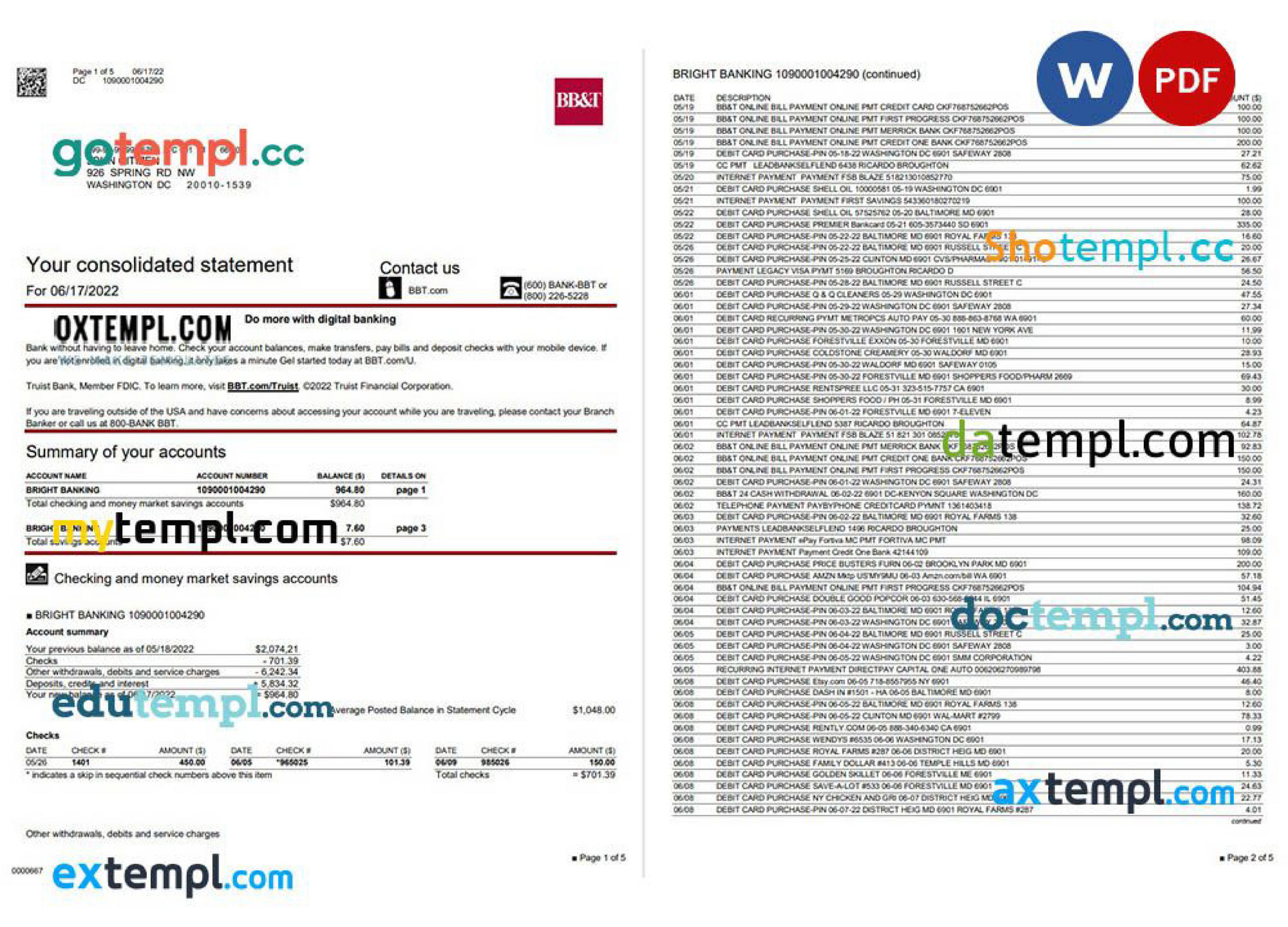 Doctempl USA Washington BB&T banking statement Word and PDF template