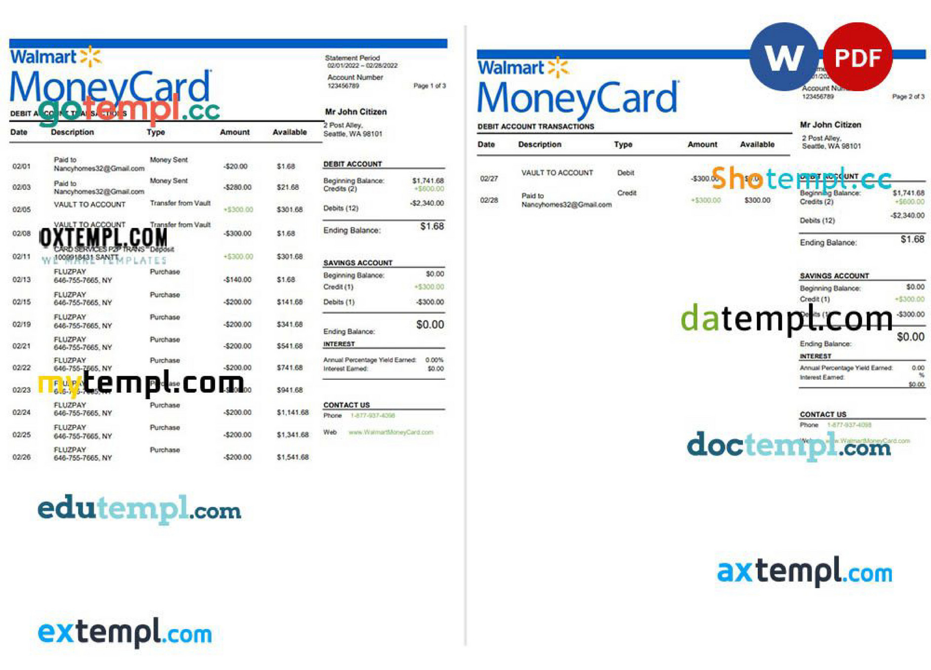 Doctempl USA Walmart MoneyCard banking statement Word and PDF