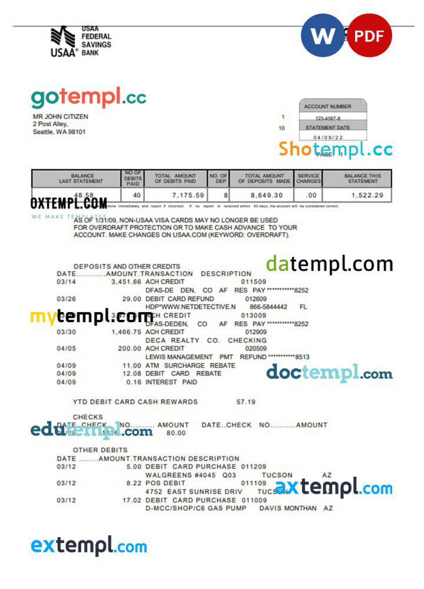 Doctempl USA USAA banking statement Word and PDF template 5 pages Doctempl USA USAA banking statement Word and PDF template 5 pages