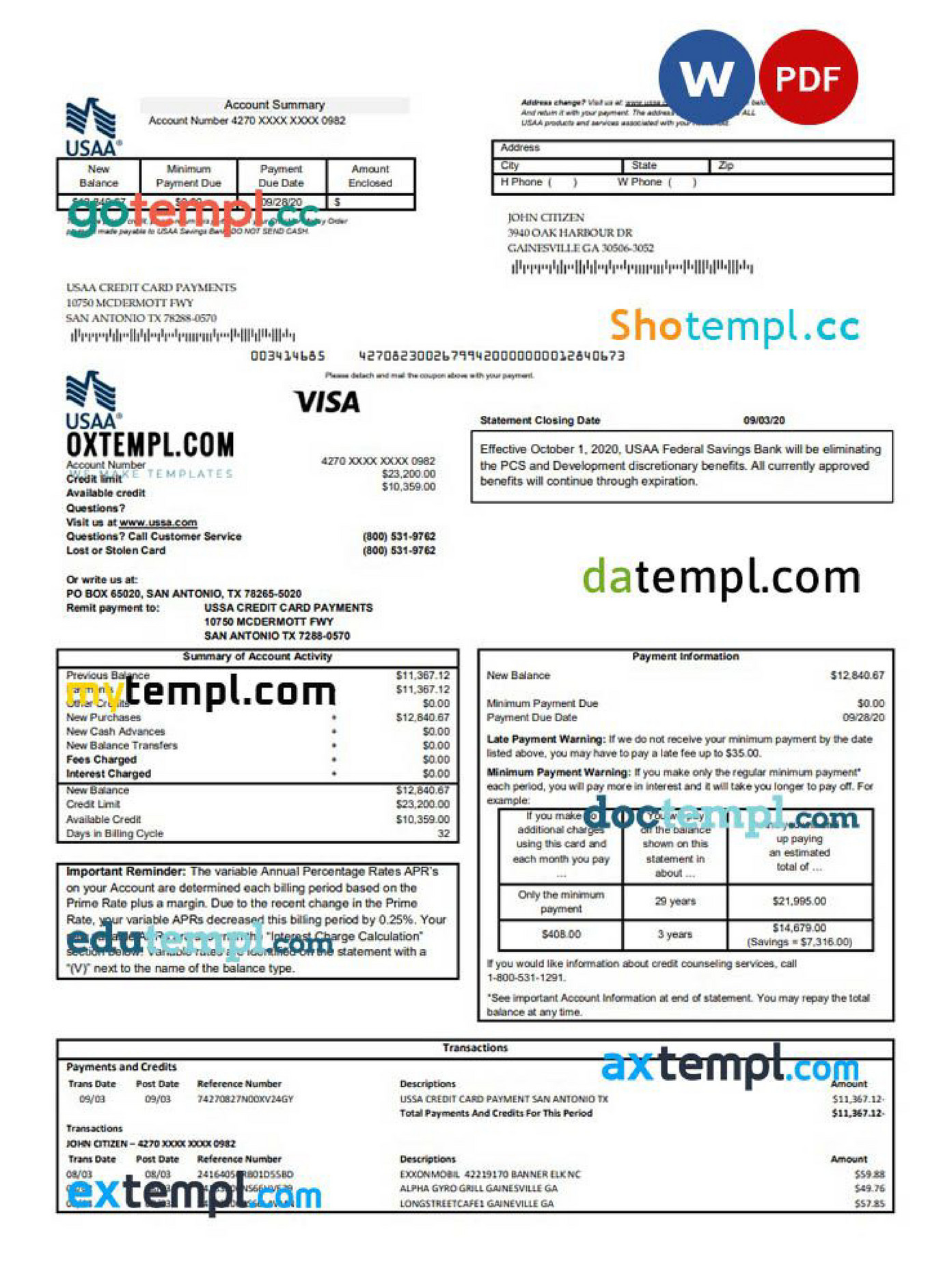 Doctempl Usa Usaa Bank Credit Card Statement Template In Word And Pdf Format Page