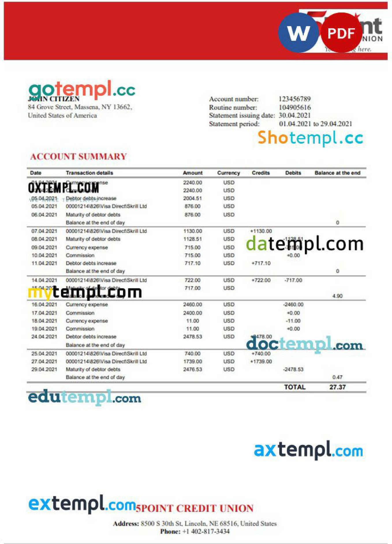 Doctempl - USA Texas 5Point Credit Union banking statement template in