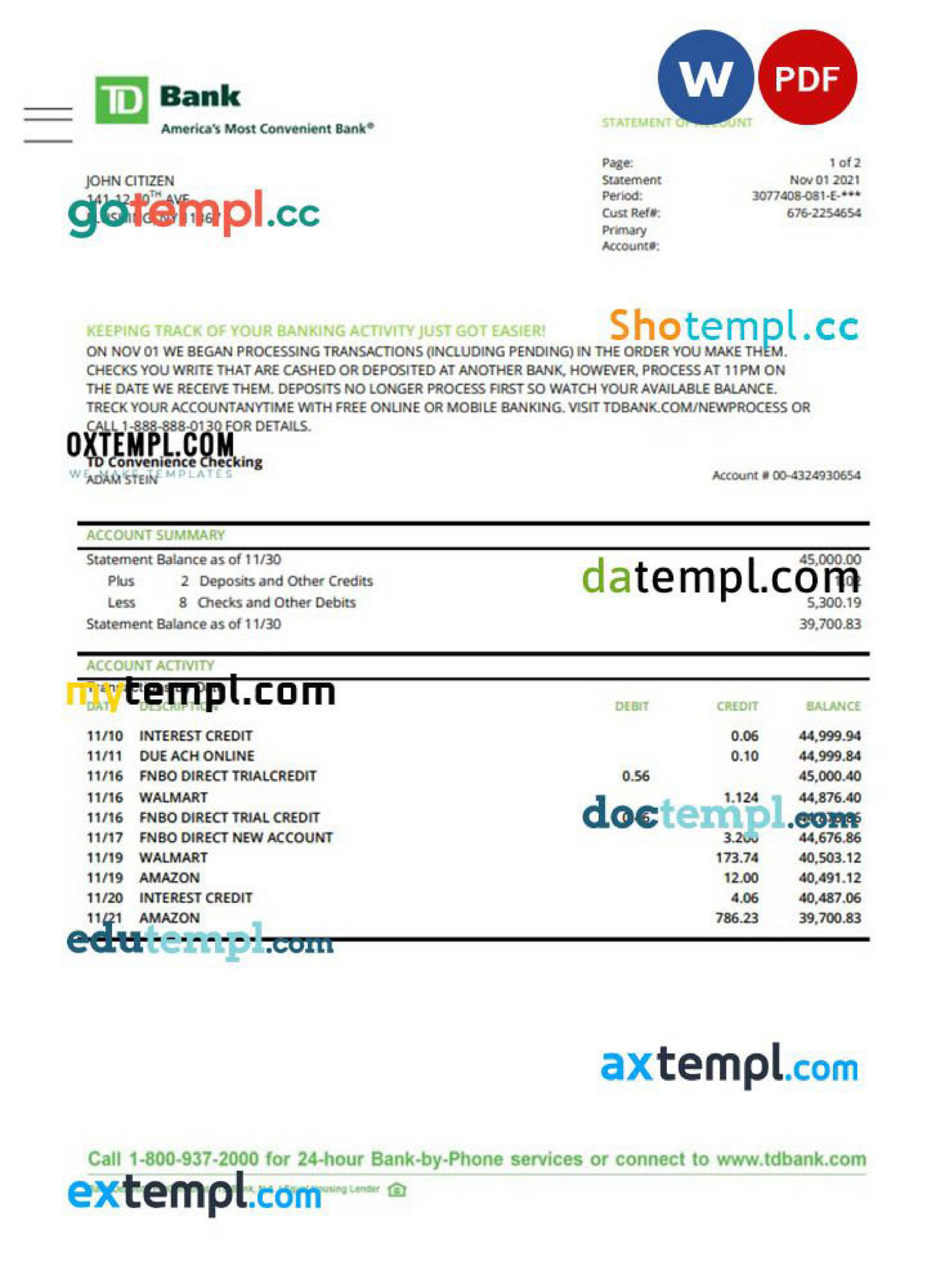 Doctempl - USA TD banking statement template, Word and PDF format (.doc ...