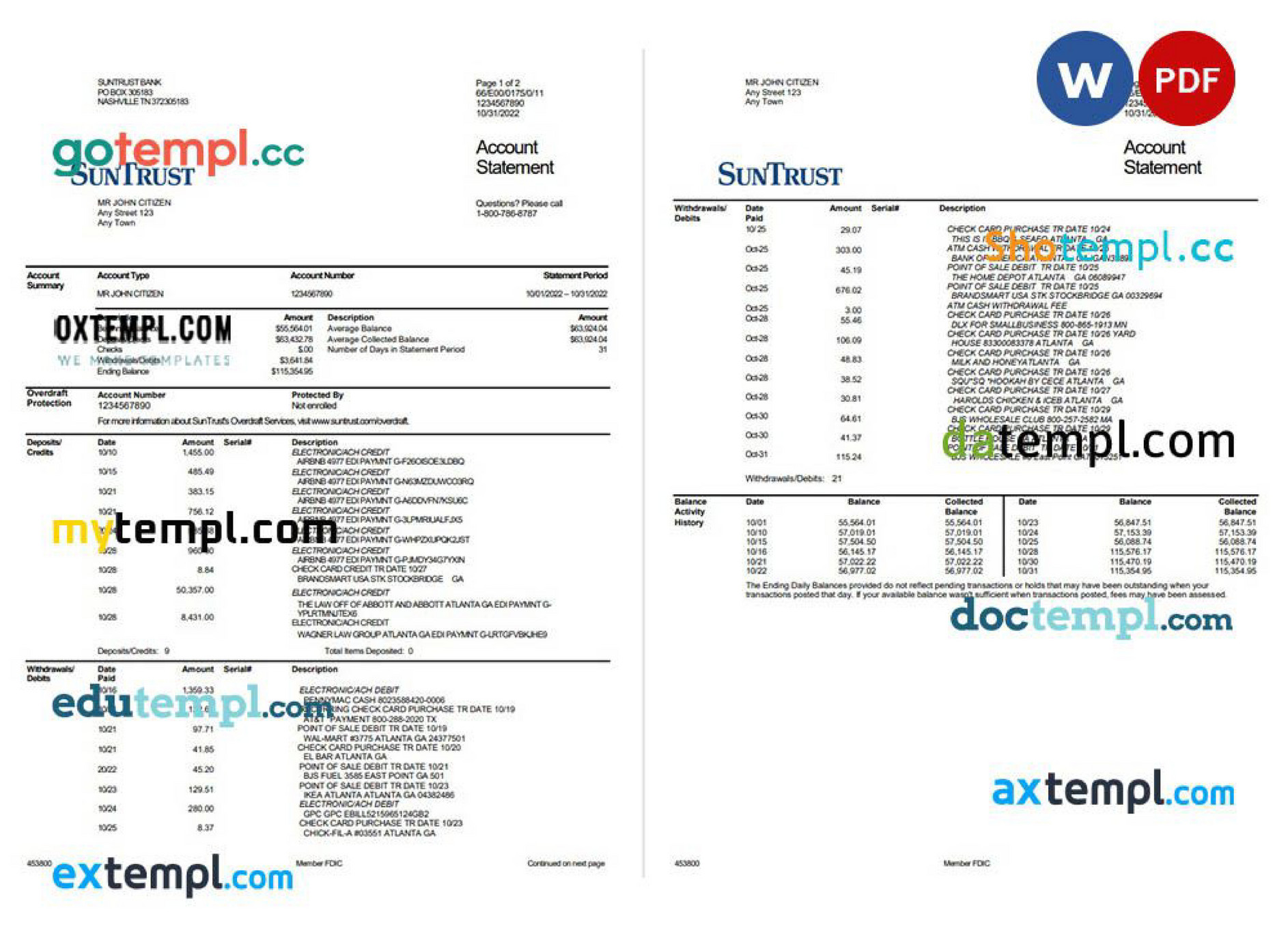 Doctempl - USA SunTrust banking statement, Word and PDF template, 2 ...